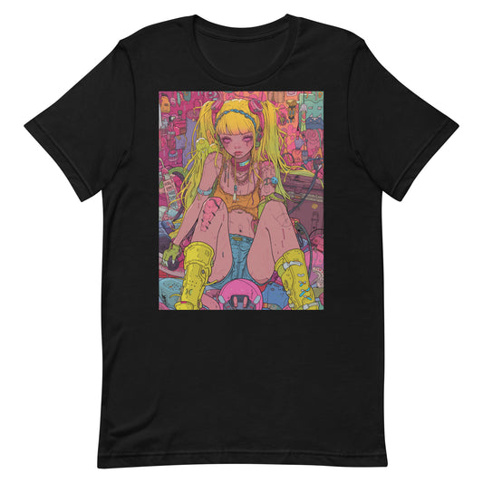 Anime Art T-Shirt: Full-Body Yellow-Haired Girl with Surrounding Objects